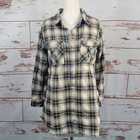 NSF Plaid Flannel Popover Shirt 1/2 button Raw Hem Size Small - Picture 1 of 9